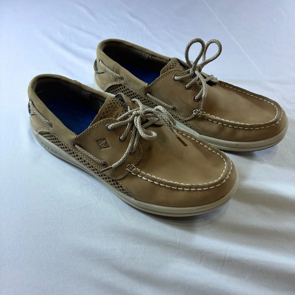 Sperry Top-Sider 7 Seas 3-Eye Tan Leather Mesh Boat Shoes Mens 10W STS14240